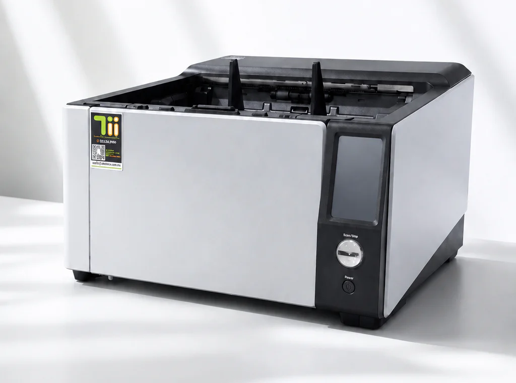 Escáner fi-8950 en exhibición, mostrando su diseño robusto y funcionalidades avanzadas para digitalización eficiente en entornos de oficina.