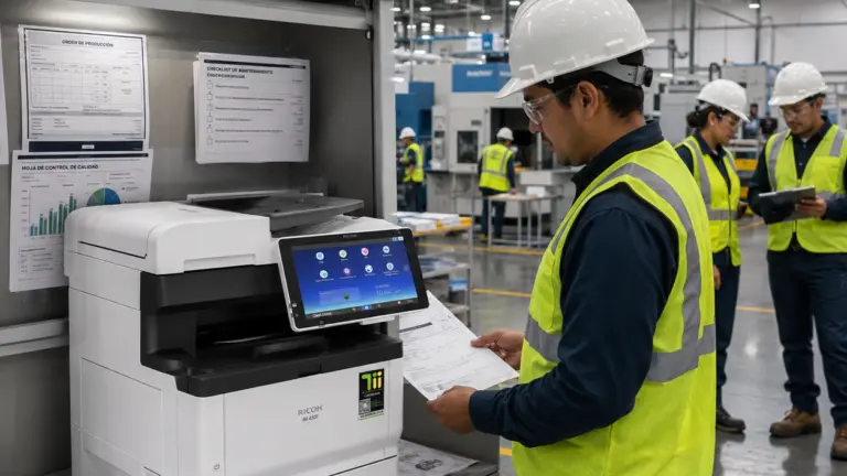 Técnico realizando mantenimiento a una copiadora multifuncional